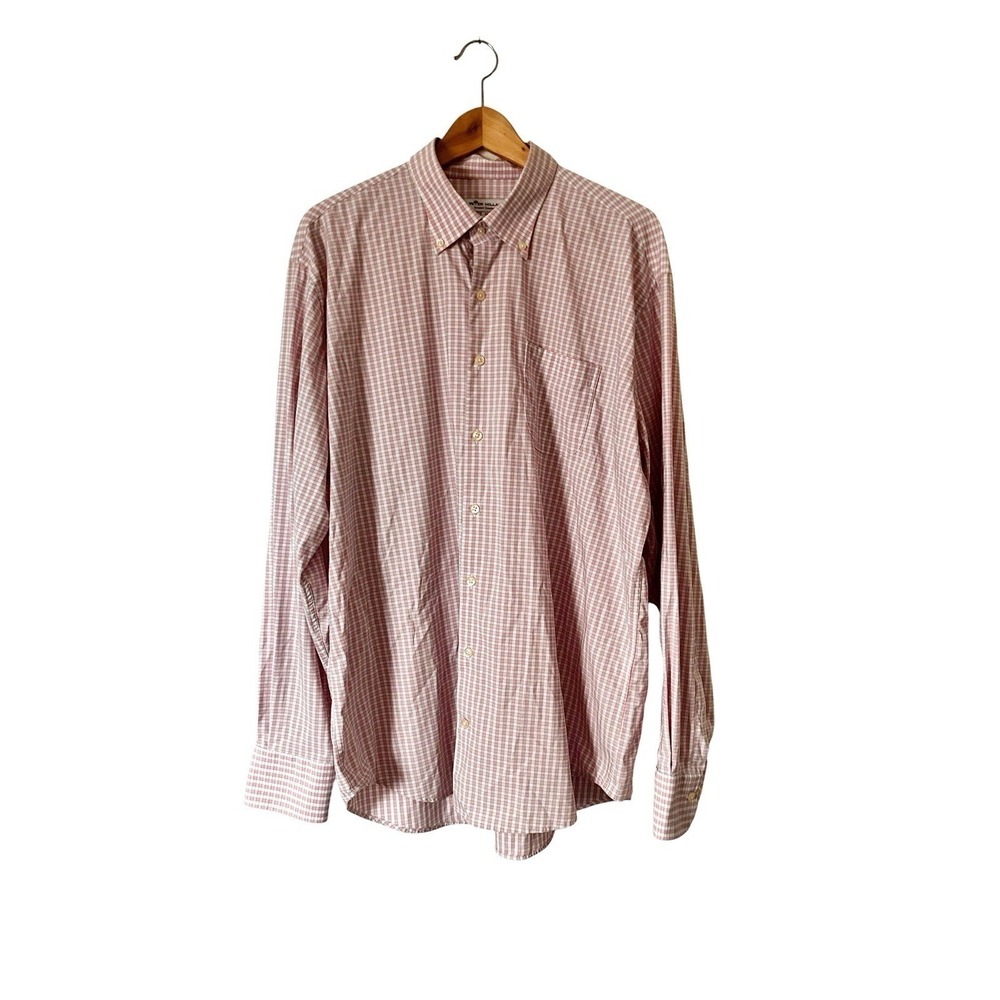 Peter Millar Mens XL Pink White Gingham Summer Comfort Long Sleeve Dress Shirt
